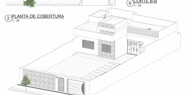 Perspectiva tridimensional de uma residência em projeto técnico real